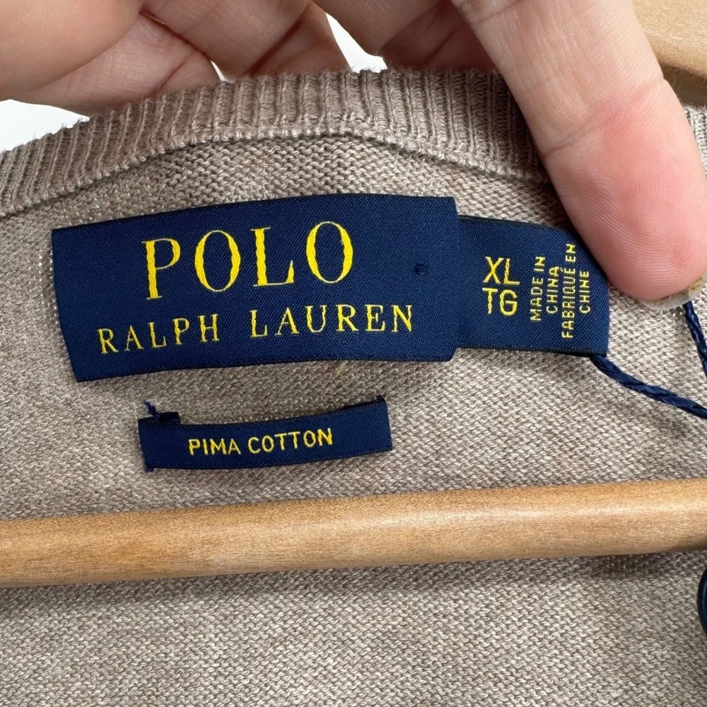 Polo Ralph Lauren Mens XL Pima Cotton V-Neck Sweater Tan Heather NWT